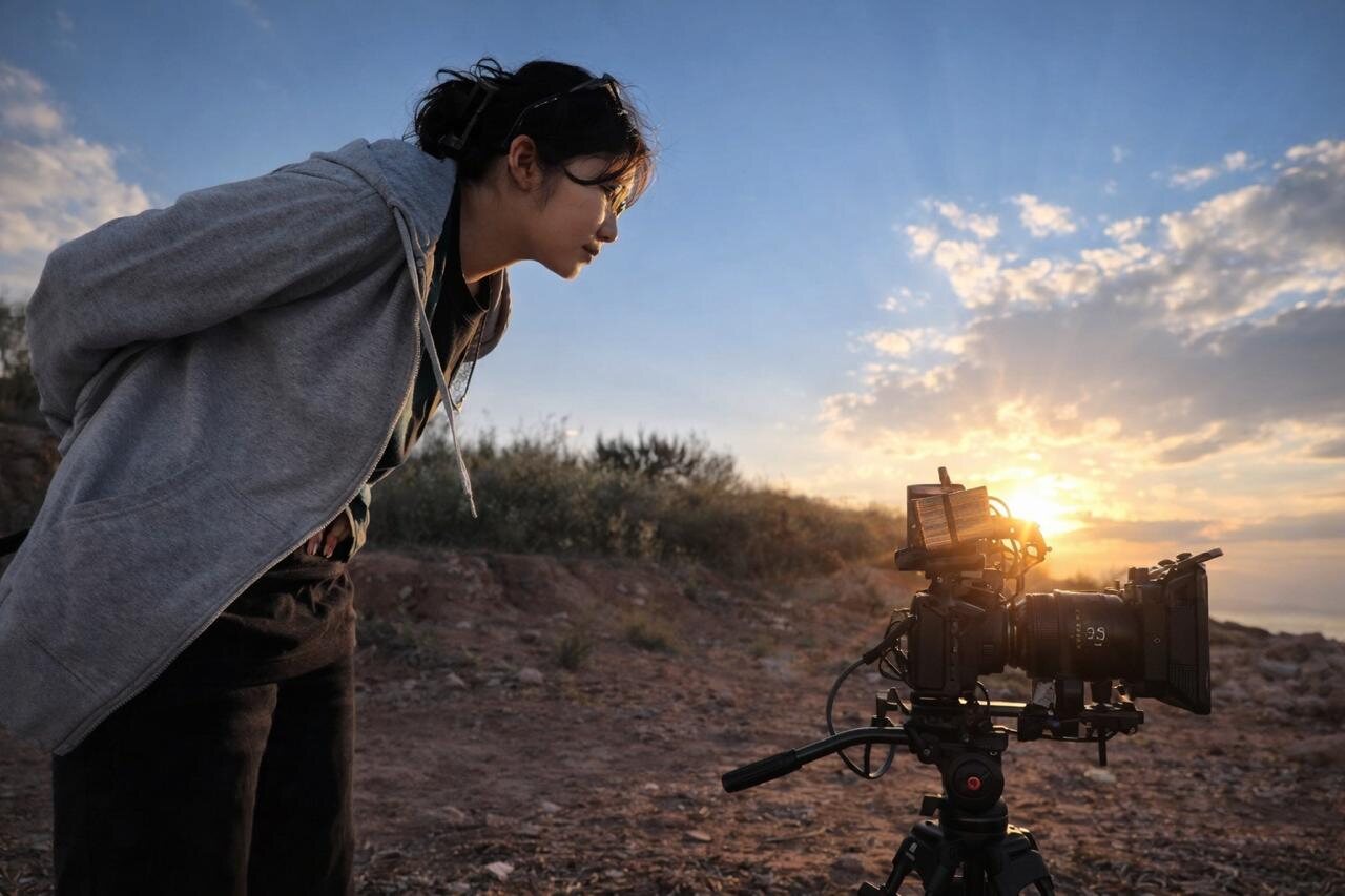 Adel Moldogazieva on set, behind the camera at sunset